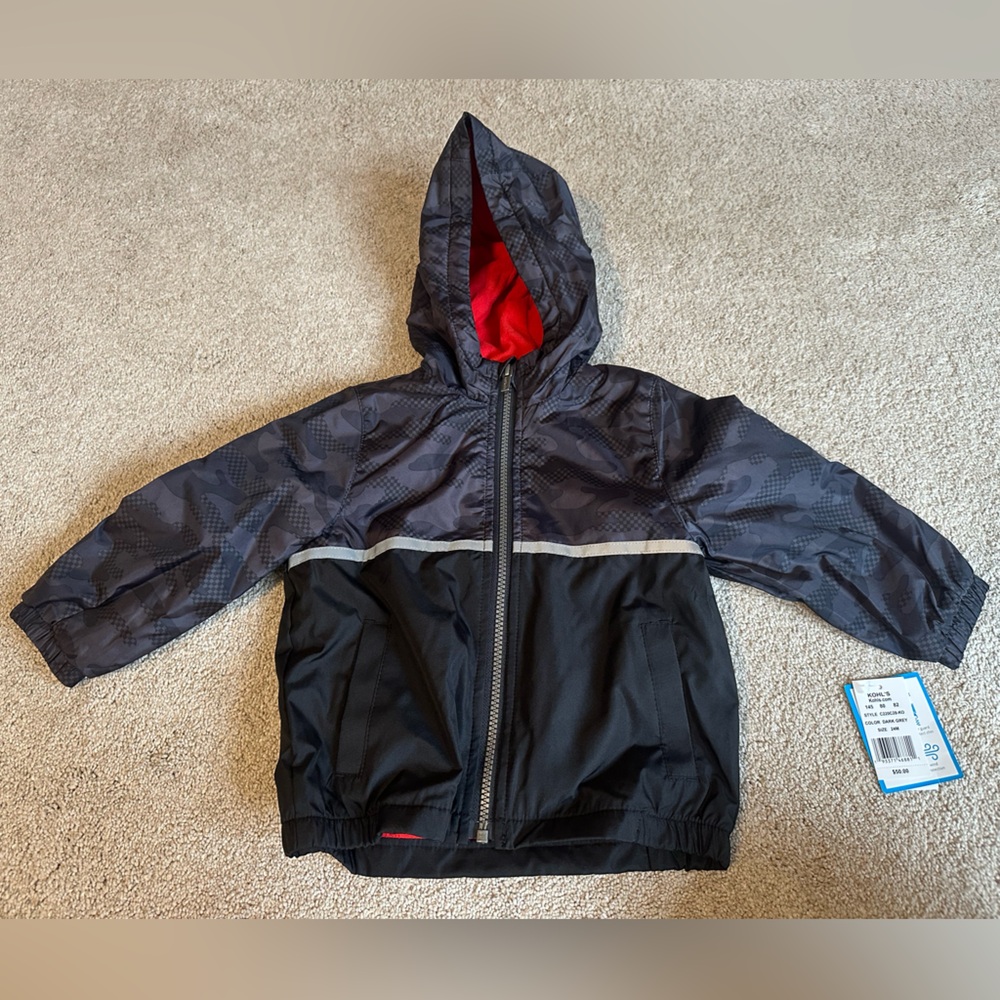 NWT 24m Black and Gray Hooded Midweight Jacket with Red Fleece Lining